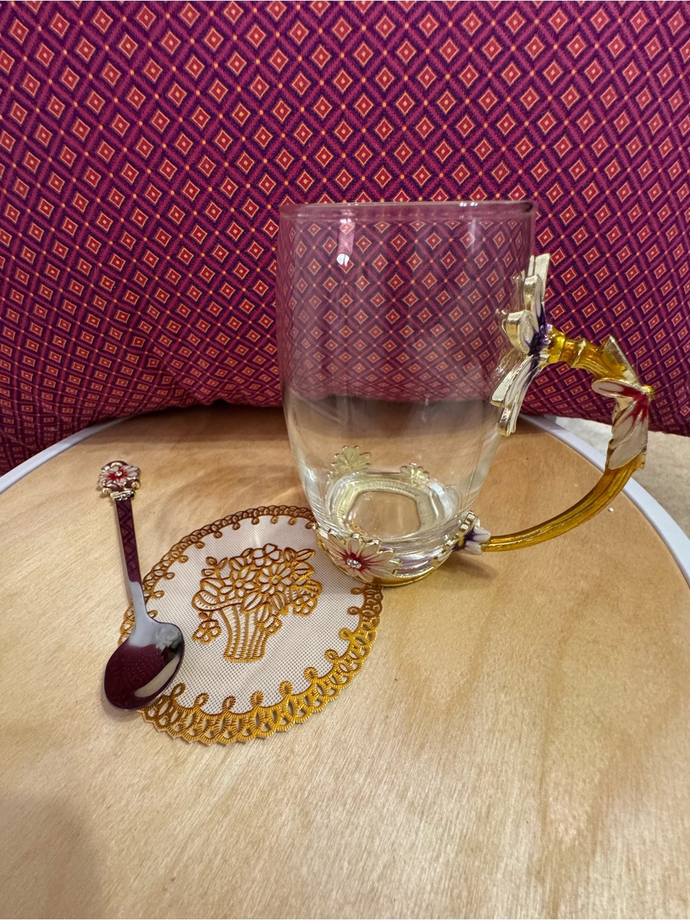Floral Glass Tea Mug with Gold Accent Handle